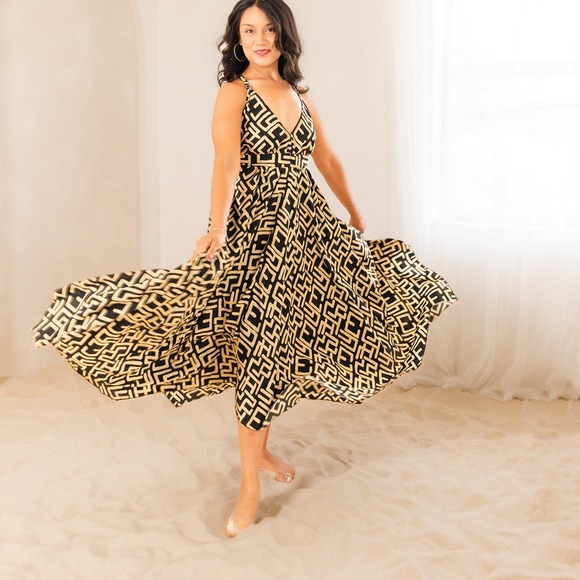 The Vacation Dress Gold Black Geometric Print Sleeveless Party Maxi Dress Small - Picture 3 of 12